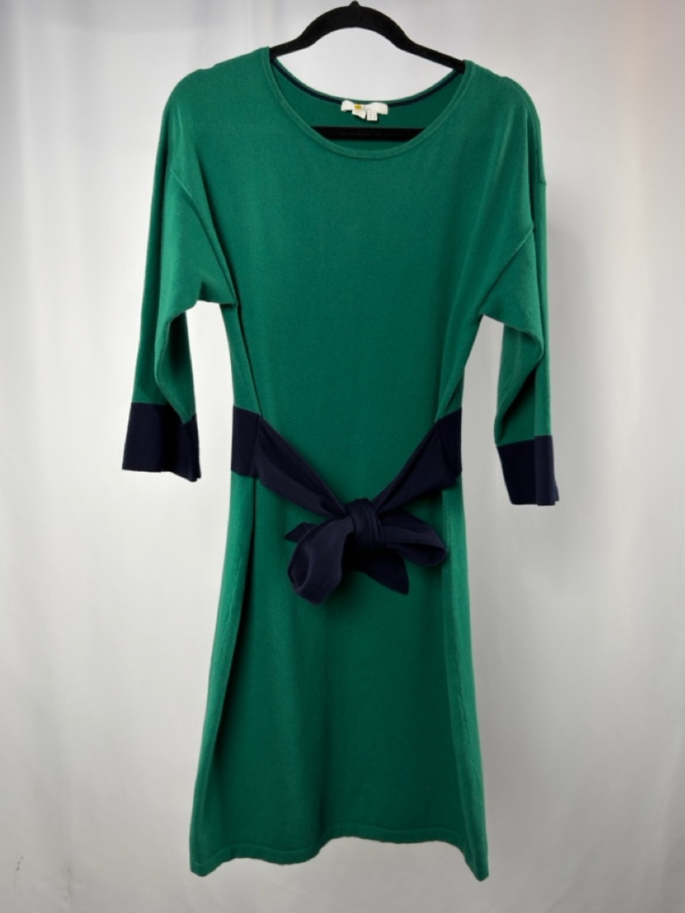 Boden Esmerelda Knitted Wool Cotton Blend 3/4 Sleeve Belted Dress in Green Navy - Picture 4 of 8